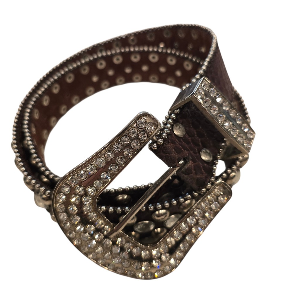 Brown Snakeskin Crystal Rhinestone Western Belt M/L Y2K Cowgirl Bling Leather‎